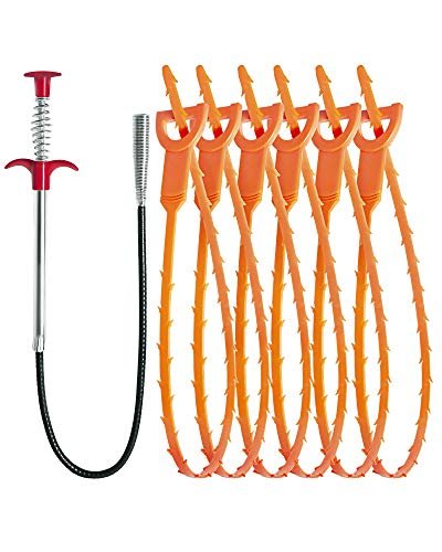 Hair Drain Clog Remover Tool – 6 × 25-Inch Sink Snake + 1 × 24-Inch Drain Cleaner Tool, Plumbing Snake for Shower, Toilet, Kitchen Sink & Tub – 7-Piece Hair Removal Tool Set