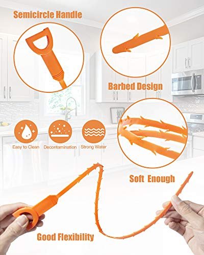 Hair Drain Clog Remover Tool – 6 × 25-Inch Sink Snake + 1 × 24-Inch Drain Cleaner Tool, Plumbing Snake for Shower, Toilet, Kitchen Sink & Tub – 7-Piece Hair Removal Tool Set