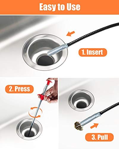Hair Drain Clog Remover Tool – 6 × 25-Inch Sink Snake + 1 × 24-Inch Drain Cleaner Tool, Plumbing Snake for Shower, Toilet, Kitchen Sink & Tub – 7-Piece Hair Removal Tool Set