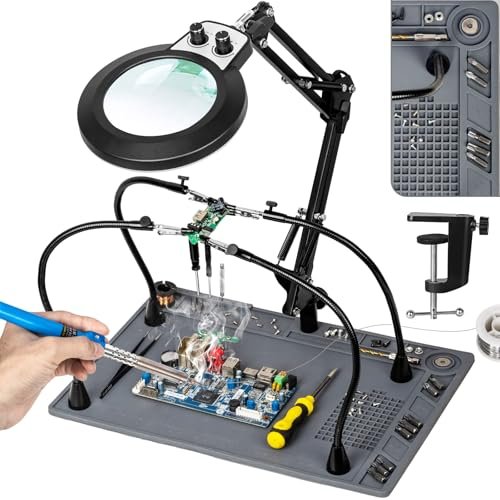 Helping Hands Soldering Station, 10X Magnifying Glass with Light and Stand, Non-Slip Repair Mat Magnifying Lamp, Any Color Stepless Dimming LED Lighted Magnifier for Electronics Craft Model