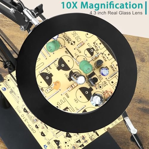 Helping Hands Soldering Station, 10X Magnifying Glass with Light and stand with 4 Magnetic Third Hand Soldering Tool, PCB Holder Magnifier Desk Lamp for Soldering Repairing Jewelry Crafts