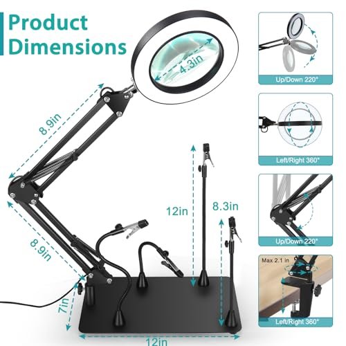 Helping Hands Soldering Station, 10X Magnifying Glass with Light and stand with 4 Magnetic Third Hand Soldering Tool, PCB Holder Magnifier Desk Lamp for Soldering Repairing Jewelry Crafts