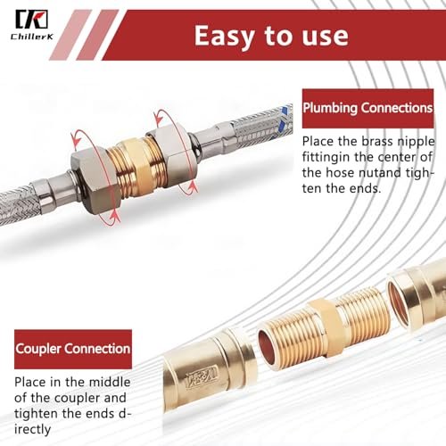 Hex Couplings, 1/2" NPT Male To Male Brass Hex Nipple Adapters, Brass Pipe Extension Fittings for Oil/Air/Water/Gas Systems. (2 Pack)