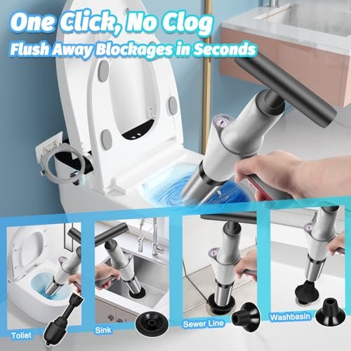 High Pressure Toilet Plunger Heavy Duty, Air Drain Blaster with Real-Time Barometer, Drain Clog Remover Tool, Powerful Sink Plunger for Bathroom Kitchen Toilet Clogged Pipe