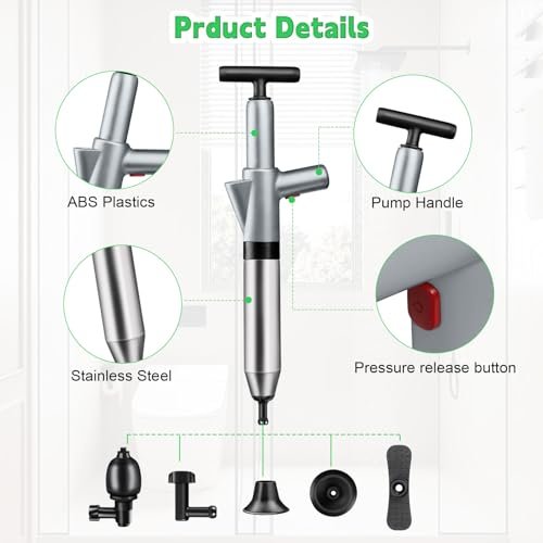 High Pressure Toilet Plunger, Toilet Snake Air Drain Blaster with Real -Time Barometer, Heavy Duty Drain Clog Remover for Bathroom, Floor, Shower, Kitchen Clogged (Gery-Manual)