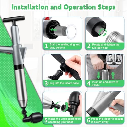 High Pressure Toilet Plunger, Toilet Snake Air Drain Blaster with Real -Time Barometer, Heavy Duty Drain Clog Remover for Bathroom, Floor, Shower, Kitchen Clogged (Gery-Manual)