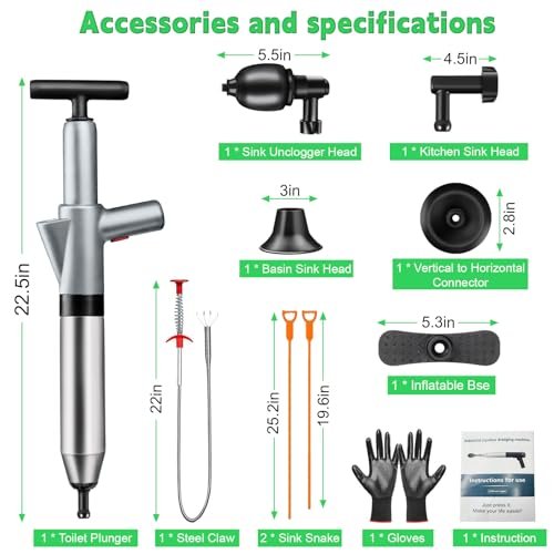 High Pressure Toilet Plunger, Toilet Snake Air Drain Blaster with Real -Time Barometer, Heavy Duty Drain Clog Remover for Bathroom, Floor, Shower, Kitchen Clogged (Gery-Manual)