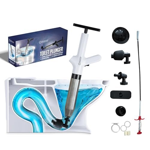 High Pressure Toilet Plungers for Bathroom, Air Drain Blaster Kit Includes Grabber Tool, 2 O-Rings, Wall Mount Rack, Heavy Duty Clog Remover for Bathroom Sink & Toilet (White)