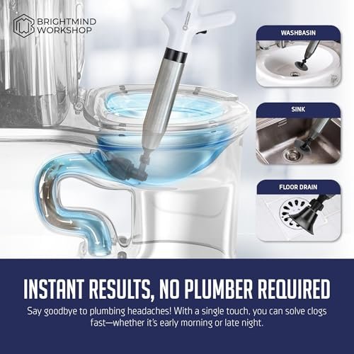 High Pressure Toilet Plungers for Bathroom, Air Drain Blaster Kit Includes Grabber Tool, 2 O-Rings, Wall Mount Rack, Heavy Duty Clog Remover for Bathroom Sink & Toilet (White)