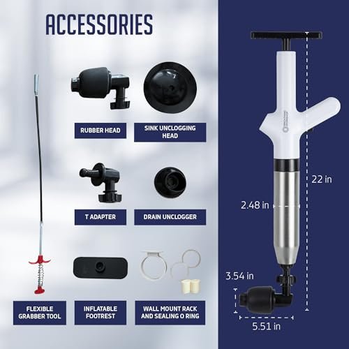 High Pressure Toilet Plungers for Bathroom, Air Drain Blaster Kit Includes Grabber Tool, 2 O-Rings, Wall Mount Rack, Heavy Duty Clog Remover for Bathroom Sink & Toilet (White)