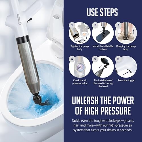High Pressure Toilet Plungers for Bathroom, Air Drain Blaster Kit Includes Grabber Tool, 2 O-Rings, Wall Mount Rack, Heavy Duty Clog Remover for Bathroom Sink & Toilet (White)