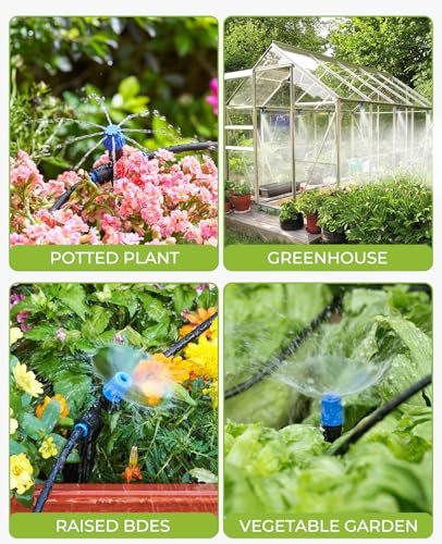 HIRALIY 210FT Drip Irrigation System, Quick Connector Garden Watering Automatic Sprinkler Kit for Lawn Raised Bed Greenhouse Misting System with 3 Kinds Dripper, Adjustable Nozzle