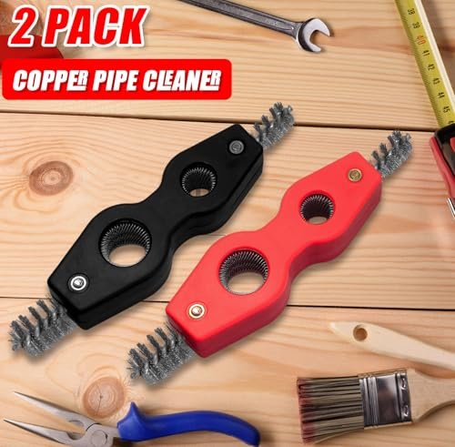 Hordion 2PCS 4-in-1 Copper Pipe Cleaner, 1/2" & 3/4" Deburring Brush Inner & Outer Thread Cleaner Tool Copper Cleaning Brush for Brazing Plumbing Soldering (Black, Red)