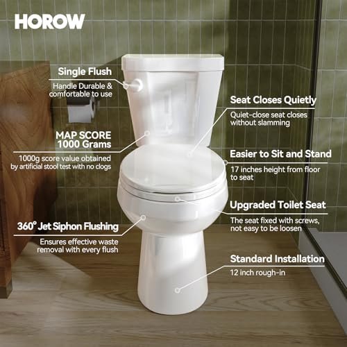 HOROW 17 Inch Tall Toilet, Two-Piece Round Toilet with ADA Comfort Chair Height Seat, Powerful 1.28 GPF Single Flush Toilet for Bathroom, 12" Rough In High Toilet for Seniors, White Toilet Bowl