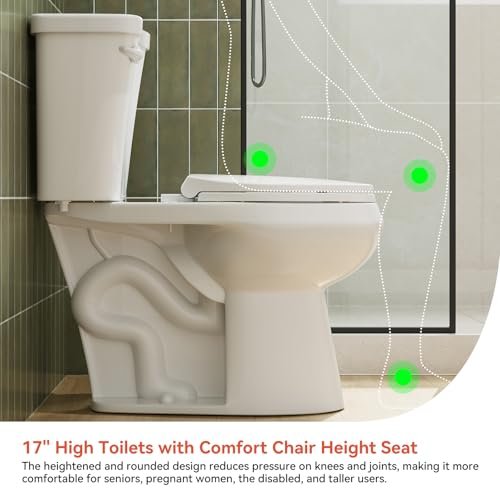 HOROW 17 Inch Tall Toilet, Two-Piece Round Toilet with ADA Comfort Chair Height Seat, Powerful 1.28 GPF Single Flush Toilet for Bathroom, 12" Rough In High Toilet for Seniors, White Toilet Bowl