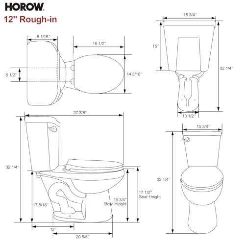 HOROW 17 Inch Tall Toilet, Two-Piece Round Toilet with ADA Comfort Chair Height Seat, Powerful 1.28 GPF Single Flush Toilet for Bathroom, 12" Rough In High Toilet for Seniors, White Toilet Bowl