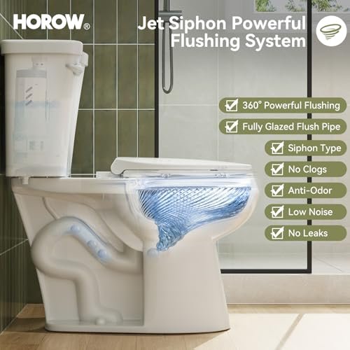 HOROW 17 Inch Tall Toilet, Two-Piece Round Toilet with ADA Comfort Chair Height Seat, Powerful 1.28 GPF Single Flush Toilet for Bathroom, 12" Rough In High Toilet for Seniors, White Toilet Bowl