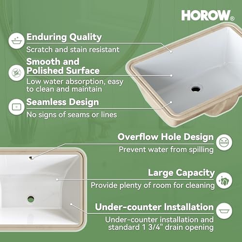HOROW Undermount Bathroom Sink Rectangle, 20 x 15 Inch Rectangular Vessel Sink with Overflow, White Ceramic Under Counter Sink for Bathroom, Small Porcelain Square Lavatory Vanity