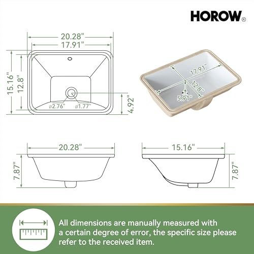 HOROW Undermount Bathroom Sink Rectangle, 20 x 15 Inch Rectangular Vessel Sink with Overflow, White Ceramic Under Counter Sink for Bathroom, Small Porcelain Square Lavatory Vanity