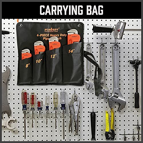 HORUSDY 4 Pack Heavy Duty Pipe Wrench Set, Adjustable 8" 10" 12" 14" Soft Grip Plumbing Wrench Set with Storage Bag