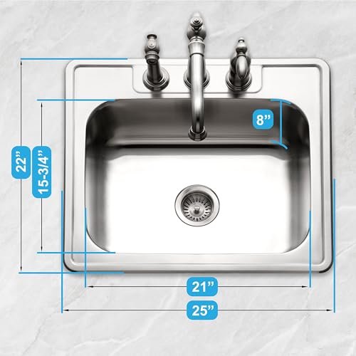 Houzer Stainless Steel 2522-8BS3-1 Glowtone Series Kitchen Sink - 25" Topmount Drop In Multipurpose Sink, Single Bowl Basin, 3 Hole, Ideal for Workstation, RV, Outdoor Kitchen, or Bar