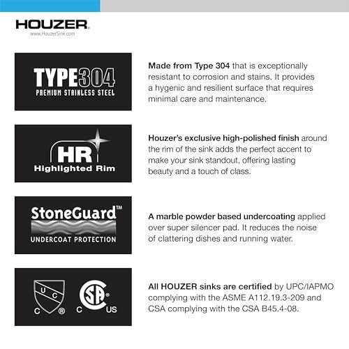 Houzer Stainless Steel 2522-8BS3-1 Glowtone Series Kitchen Sink - 25" Topmount Drop In Multipurpose Sink, Single Bowl Basin, 3 Hole, Ideal for Workstation, RV, Outdoor Kitchen, or Bar