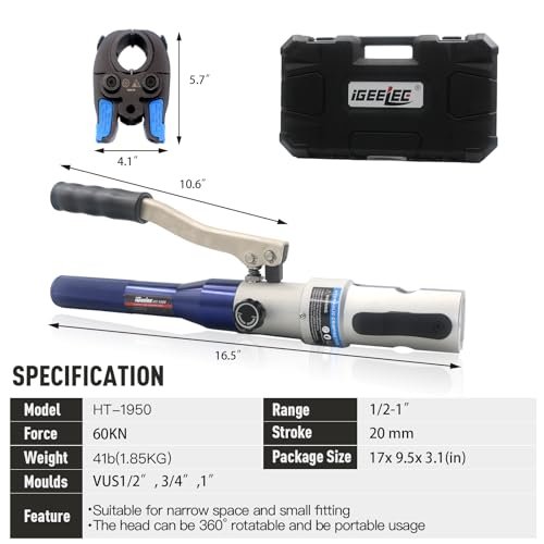 Hydraulic Copper Pipe Press Tool for Viega ProPress Fittings | Includes 1/2", 3/4", & 1" Dies | Ideal for Narrow Spaces & Tee Fittings | Includes 1 Set of Dies (1950)