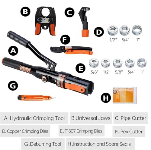 Hydraulic Copper Press Tool, Pex Crimping Tool with 1/2", 3/4", 1" Dies for Copper Pipe Fitting & 3/8"-1" Dies for ASTM F1807 Pex Copper Rings, Heavy Duty HT-1950E