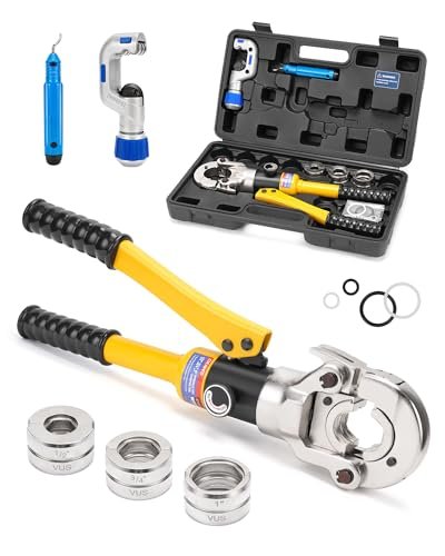 Hydraulic Copper Tube Fittings 1/2, 3/4, 1" Press Crimping Tool Kit Pex Pipe Crimper Pressing Pliers Stainless PEX Press Sleeves for Copper Pipe with Pipe Cutter