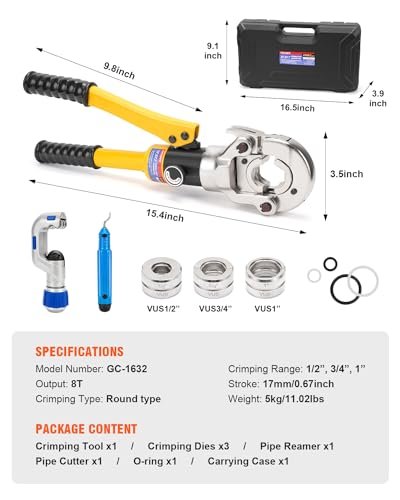 Hydraulic Copper Tube Fittings 1/2, 3/4, 1" Press Crimping Tool Kit Pex Pipe Crimper Pressing Pliers Stainless PEX Press Sleeves for Copper Pipe with Pipe Cutter