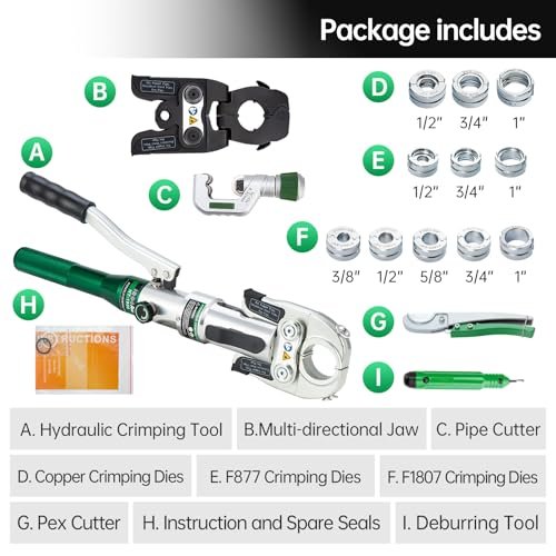 IBOSAD Hydraulic Copper Pipe Tube Fittings Crimping Tool with1/2,3/4,1" for Copper and F877 Stainless PEX Press,3/8 to 1" for F1807 Pex Pipe (with extra Multi-directional Jaw)
