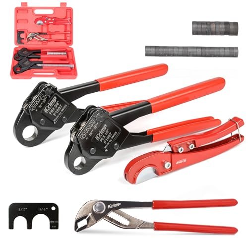 iCrimp Angle Head F1807 PEX Pipe Crimping Tool for Copper Rings - 1/2&3/4-inch Two Crimper Set with 9.5" Groove Joint Pliers, PPR Cutter, 20PCS 1/2" and 10PCS 3/4" Copper Rings