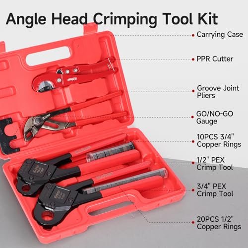 iCrimp Angle Head F1807 PEX Pipe Crimping Tool for Copper Rings - 1/2&3/4-inch Two Crimper Set with 9.5" Groove Joint Pliers, PPR Cutter, 20PCS 1/2" and 10PCS 3/4" Copper Rings