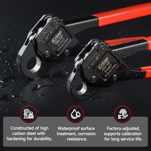 iCrimp Angle Head F1807 PEX Pipe Crimping Tool for Copper Rings - 1/2&3/4-inch Two Crimper Set with 9.5" Groove Joint Pliers, PPR Cutter, 20PCS 1/2" and 10PCS 3/4" Copper Rings