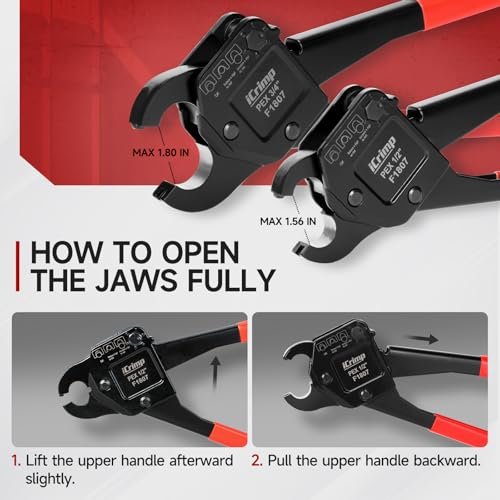 iCrimp Angle Head F1807 PEX Pipe Crimping Tool for Copper Rings - 1/2&3/4-inch Two Crimper Set with 9.5" Groove Joint Pliers, PPR Cutter, 20PCS 1/2" and 10PCS 3/4" Copper Rings