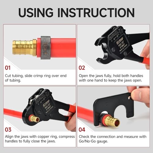 iCrimp Angle Head F1807 PEX Pipe Crimping Tool for Copper Rings - 1/2&3/4-inch Two Crimper Set with 9.5" Groove Joint Pliers, PPR Cutter, 20PCS 1/2" and 10PCS 3/4" Copper Rings