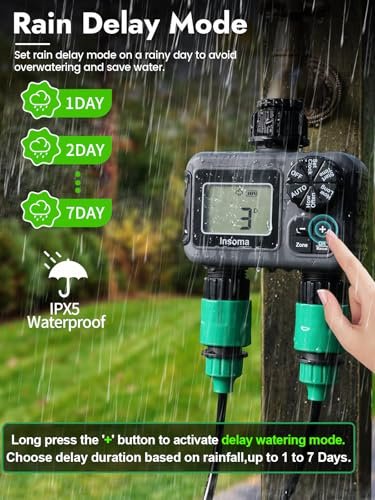 Insoma 2-Zone Sprinkler Timer, Programmable Garden Hose Timer with Auto/Manual/Rain Delay Modes | Water-Saving Irrigation Controller for Lawn, Yard & Drip Systems | Waterproof Design & Easy Setup