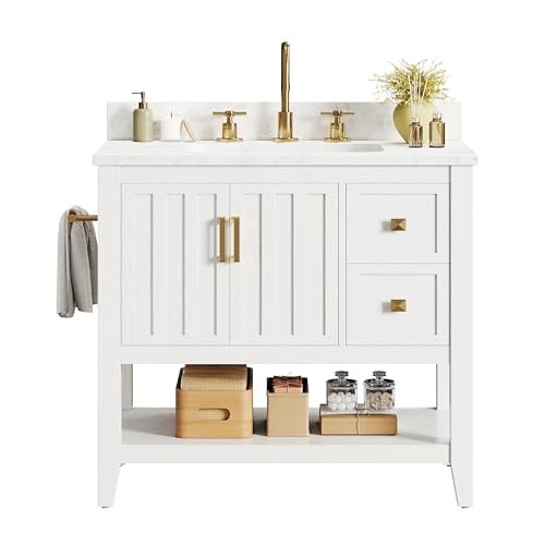 IRONCK 30" Bathroom Vanity with Sink, Bathroom Cabinet with 2 Drawers & Open Shelf for Guest Baths Master Suites or Rental Units, Industrial White