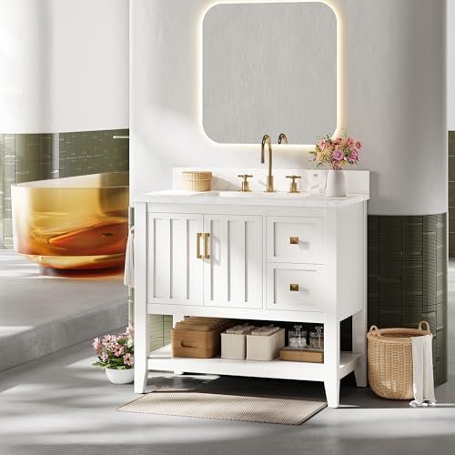 IRONCK 30" Bathroom Vanity with Sink, Bathroom Cabinet with 2 Drawers & Open Shelf for Guest Baths Master Suites or Rental Units, Industrial White