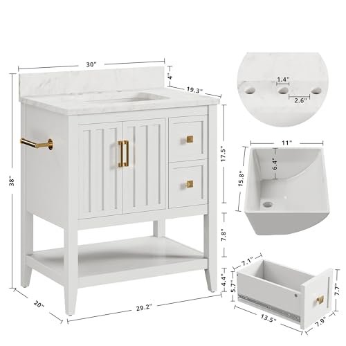 IRONCK 30" Bathroom Vanity with Sink, Bathroom Cabinet with 2 Drawers & Open Shelf for Guest Baths Master Suites or Rental Units, Industrial White