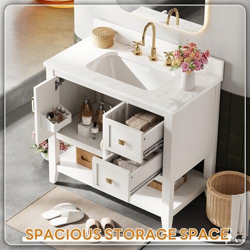 IRONCK 30" Bathroom Vanity with Sink, Bathroom Cabinet with 2 Drawers & Open Shelf for Guest Baths Master Suites or Rental Units, Industrial White