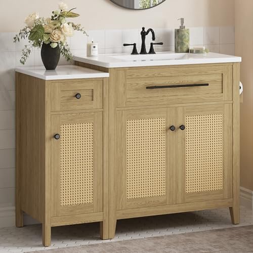 IRONCK 30" Bathroom Vanity with Storage Side Cabinet, Freestanding Bathroom Cabinet with Ceramic Sink, Flip-Down Drawer & Soft Closing Door, Farmhouse