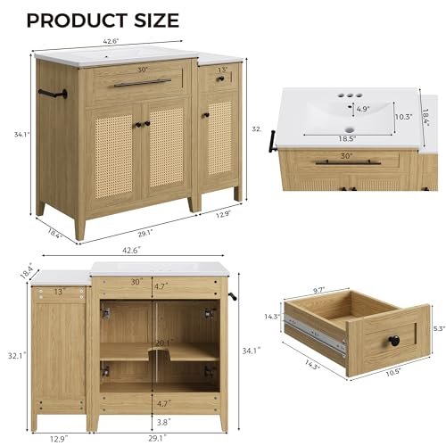 IRONCK 30" Bathroom Vanity with Storage Side Cabinet, Freestanding Bathroom Cabinet with Ceramic Sink, Flip-Down Drawer & Soft Closing Door, Farmhouse
