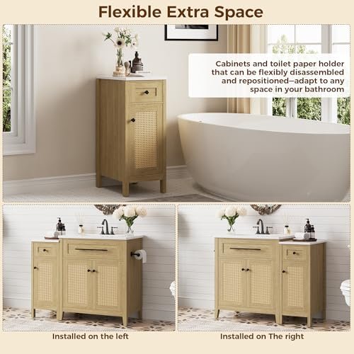 IRONCK 30" Bathroom Vanity with Storage Side Cabinet, Freestanding Bathroom Cabinet with Ceramic Sink, Flip-Down Drawer & Soft Closing Door, Farmhouse