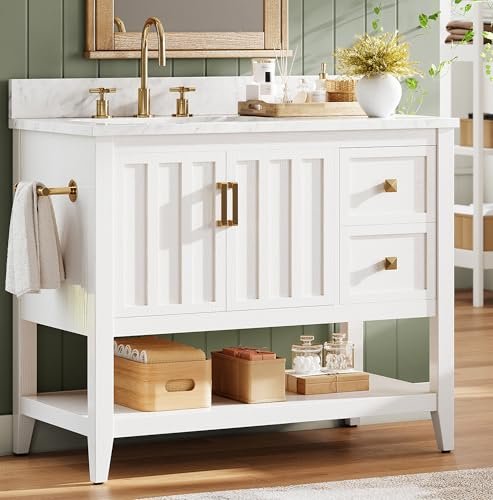 IRONCK 36" Bathroom Vanity with Sink, Bathroom Cabinet with 2 Drawers & Open Shelf for Guest Baths Master Suites or Rental Units, Industrial White