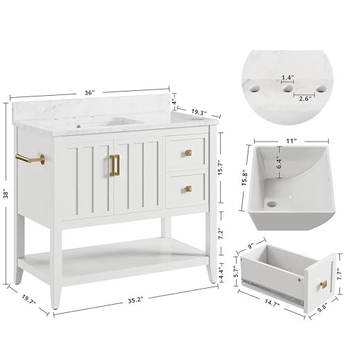 IRONCK 36" Bathroom Vanity with Sink, Bathroom Cabinet with 2 Drawers & Open Shelf for Guest Baths Master Suites or Rental Units, Industrial White