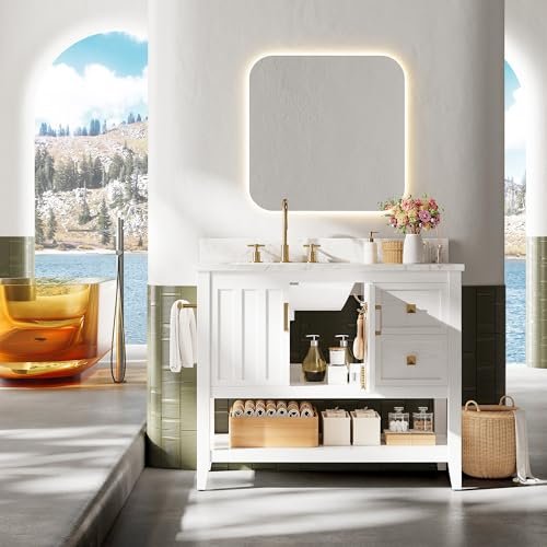 IRONCK 36" Bathroom Vanity with Sink, Bathroom Cabinet with 2 Drawers & Open Shelf for Guest Baths Master Suites or Rental Units, Industrial White