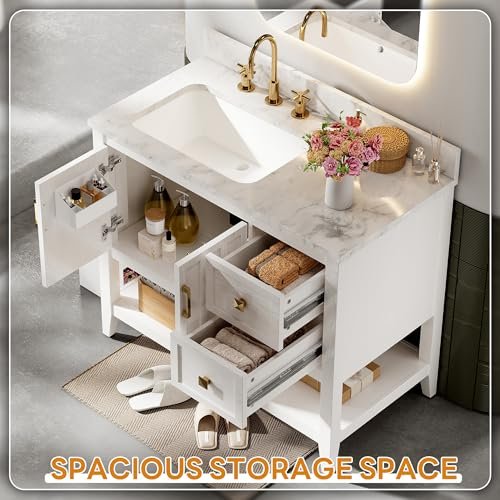 IRONCK 36" Bathroom Vanity with Sink, Bathroom Cabinet with 2 Drawers & Open Shelf for Guest Baths Master Suites or Rental Units, Industrial White