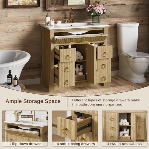 IRONCK 36" Bathroom Vanity with Sink, Freestanding Bathroom Sink Cabinet with 4 Drawers & 1 Flip-Down Drawer, Wood Grain Texture, Metal Handle, Farmhouse