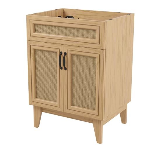 JONATHAN Y VAN1009A Javer 24 in. W x 18 in. D x 33 in. H Rattan Modern Farmhouse 2-Shelf Bath Vanity Cabinet Only (Sink Basin not Included), Oak